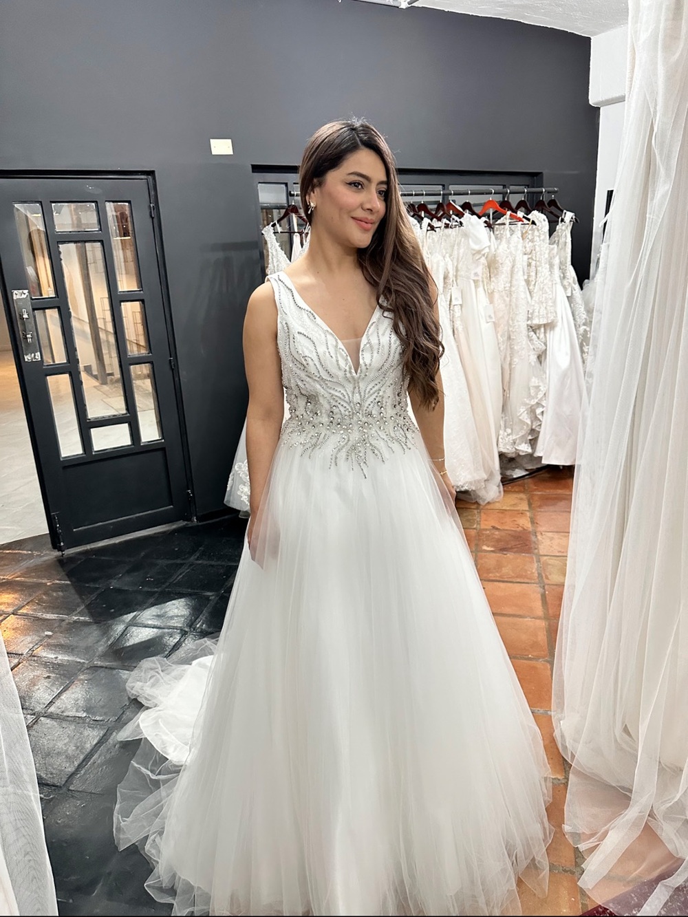 Ivory Beaded V-Neck Tulle Wedding Gown
